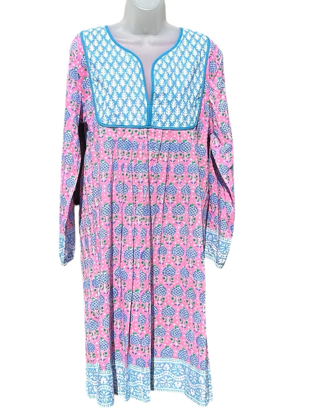 SZ Blockprints Women Sz L Eva Pink Pineapple Floral Jaipur Cotton Tunic Dress.